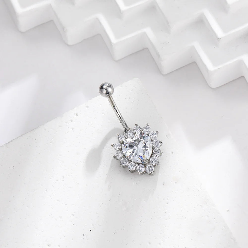 Piercing Nombril Cristal en Acier Chirurgical – Cœur & Fleur – Bijou Sexy et Élégant